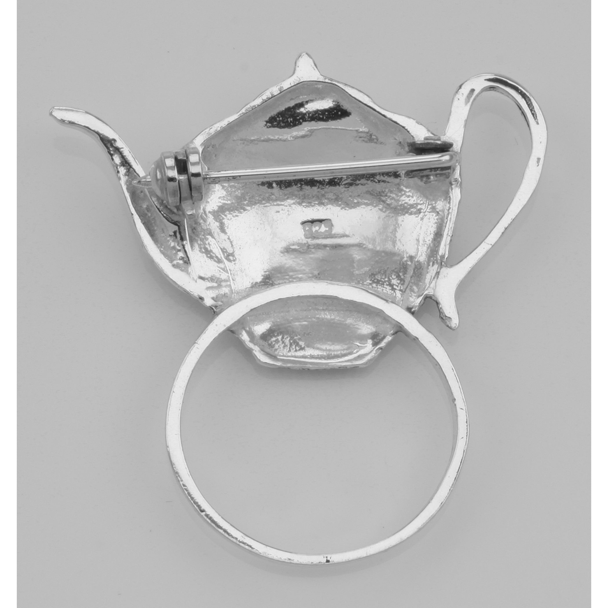 Back view of Eyeglass Holder Pin / Eye Glass Loop Brooch Tea Pot showing 925 sterling silver hallmark and pin back