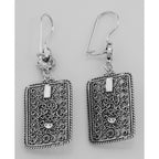 Back view of Classic Antique Style Rectangular Black Onyx Earrings showing 925 sterling silver hallmark and French wire hooks