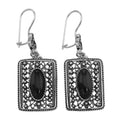Antique rectangular black onyx earrings, oval cabochon in openwork filigree frame, lever-back, oxidized sterling silver