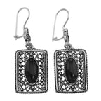 Antique rectangular black onyx earrings, oval cabochon in openwork filigree frame, lever-back, oxidized sterling silver