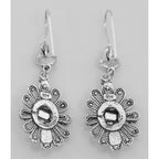 Back view of Antique Style Black Onyx Earrings with Flower Design showing 925 sterling silver hallmark and French wire hooks