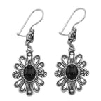 Sunburst flower black onyx drop earrings, oval cabochon in radiating petal frame, beaded accents, lever-back, sterling silver