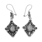 Kite-shaped moonstone dangle earrings, oval cabochon in ornate dotted filigree diamond frame, lever-back, sterling silver