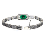 Detail view of Victorian Style Filigree Bracelet w/ Green Onyx & Diamond 7 1/4 Sterling Silver highlighting Green Onyx, Diamo
