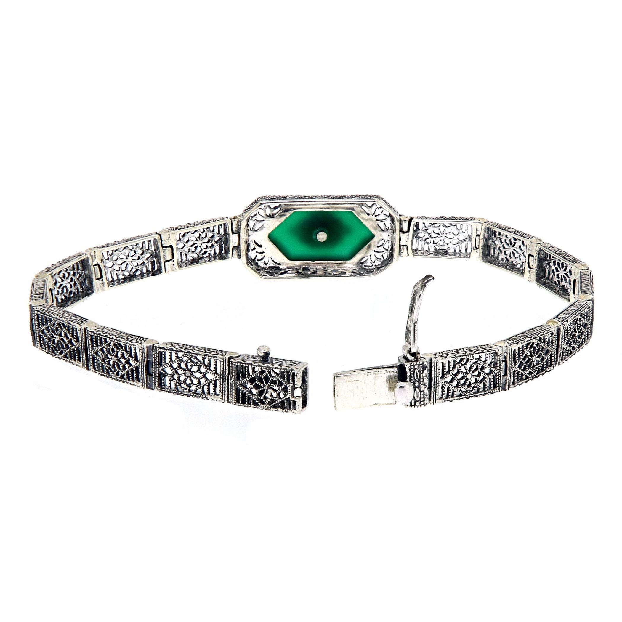 Detail view of Victorian Style Filigree Bracelet w/ Green Onyx & Diamond 7 1/4 Sterling Silver highlighting Green Onyx, Diamo