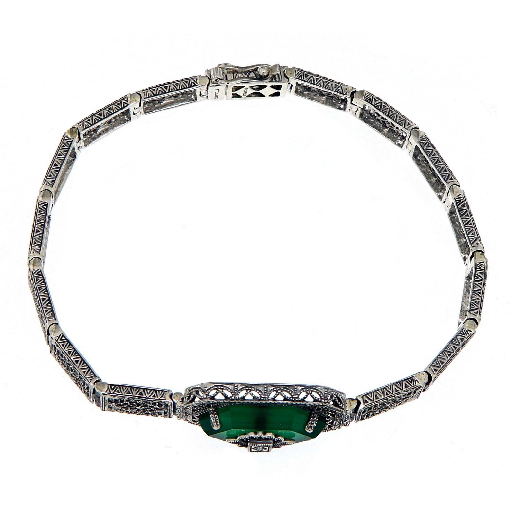 Back view of Victorian Style Filigree Bracelet w/ Green Onyx & Diamond 7 1/4 Sterling Silver showing 925 sterling silver hall