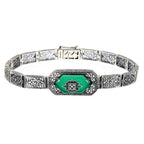 Victorian style, Green Onyx, Diamond, sterling silver bracelets, front view
