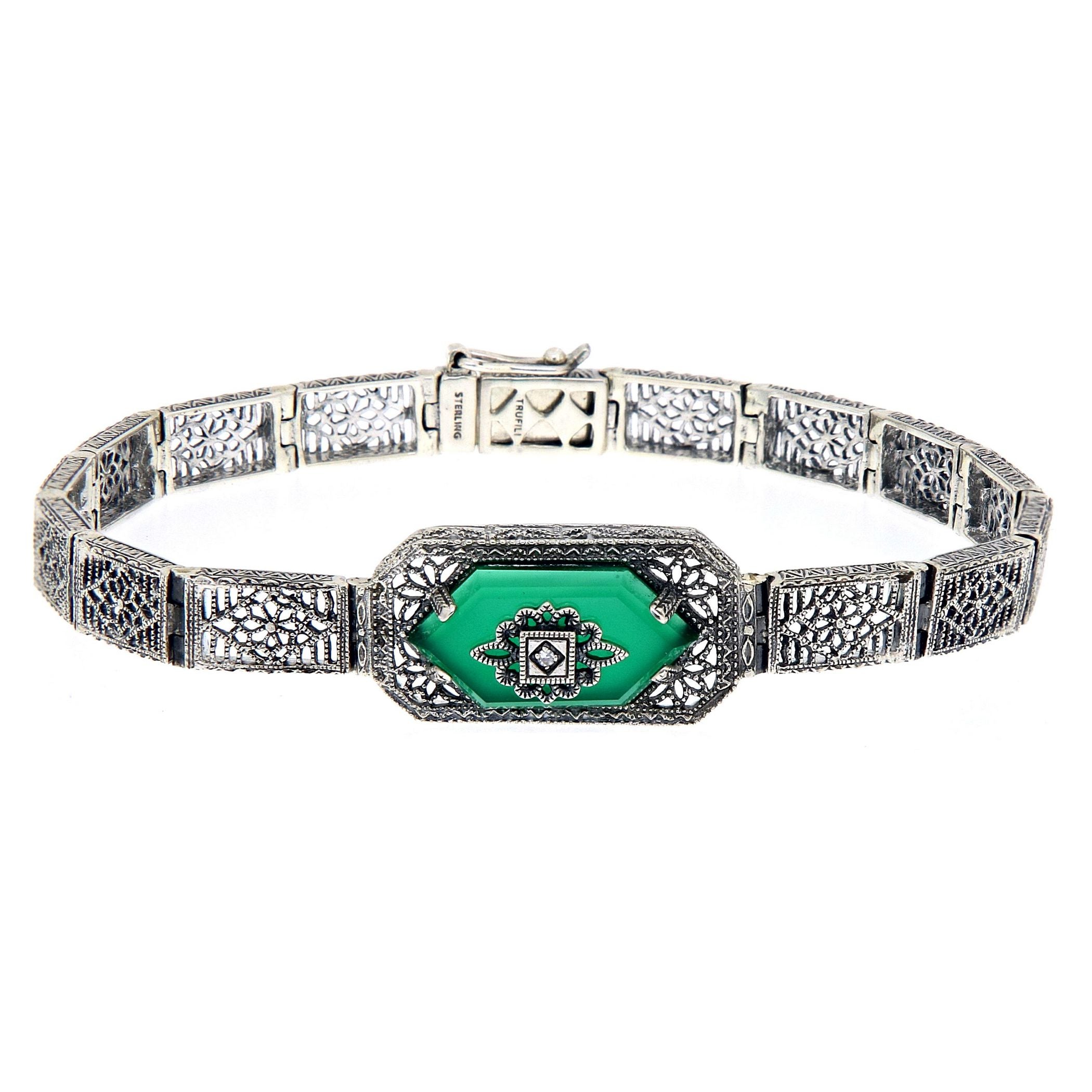 Victorian style, Green Onyx, Diamond, sterling silver bracelets, front view