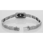Back view of Victorian Style Filigree Bracelet w/ Black Onyx Diamond 7 1/4 Sterling Silver showing 925 sterling silver hallma