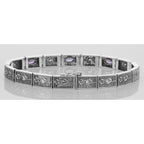 Detail view of Victorian Style Floral Design Amethyst Filigree Link Bracelet Sterling Silver highlighting Amethyst