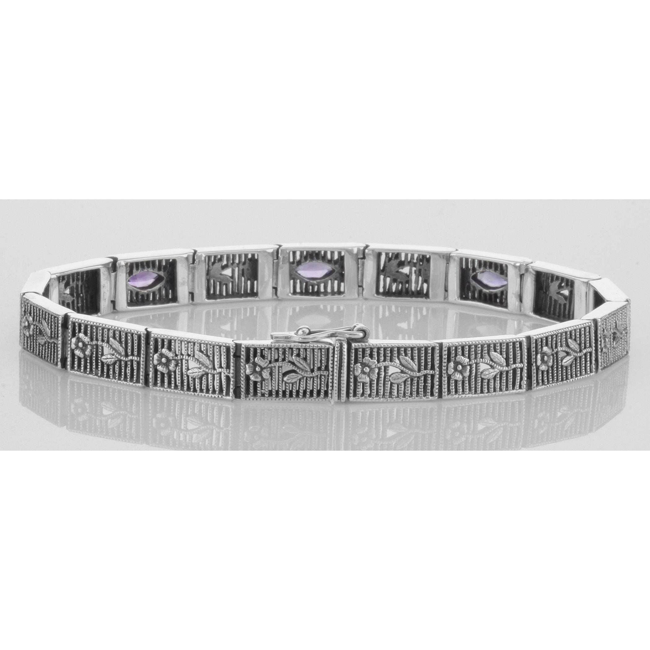 Detail view of Victorian Style Floral Design Amethyst Filigree Link Bracelet Sterling Silver highlighting Amethyst