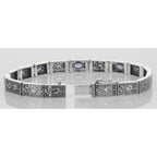 Back view of Victorian Style Floral Design Amethyst Filigree Link Bracelet Sterling Silver showing 925 sterling silver hallma
