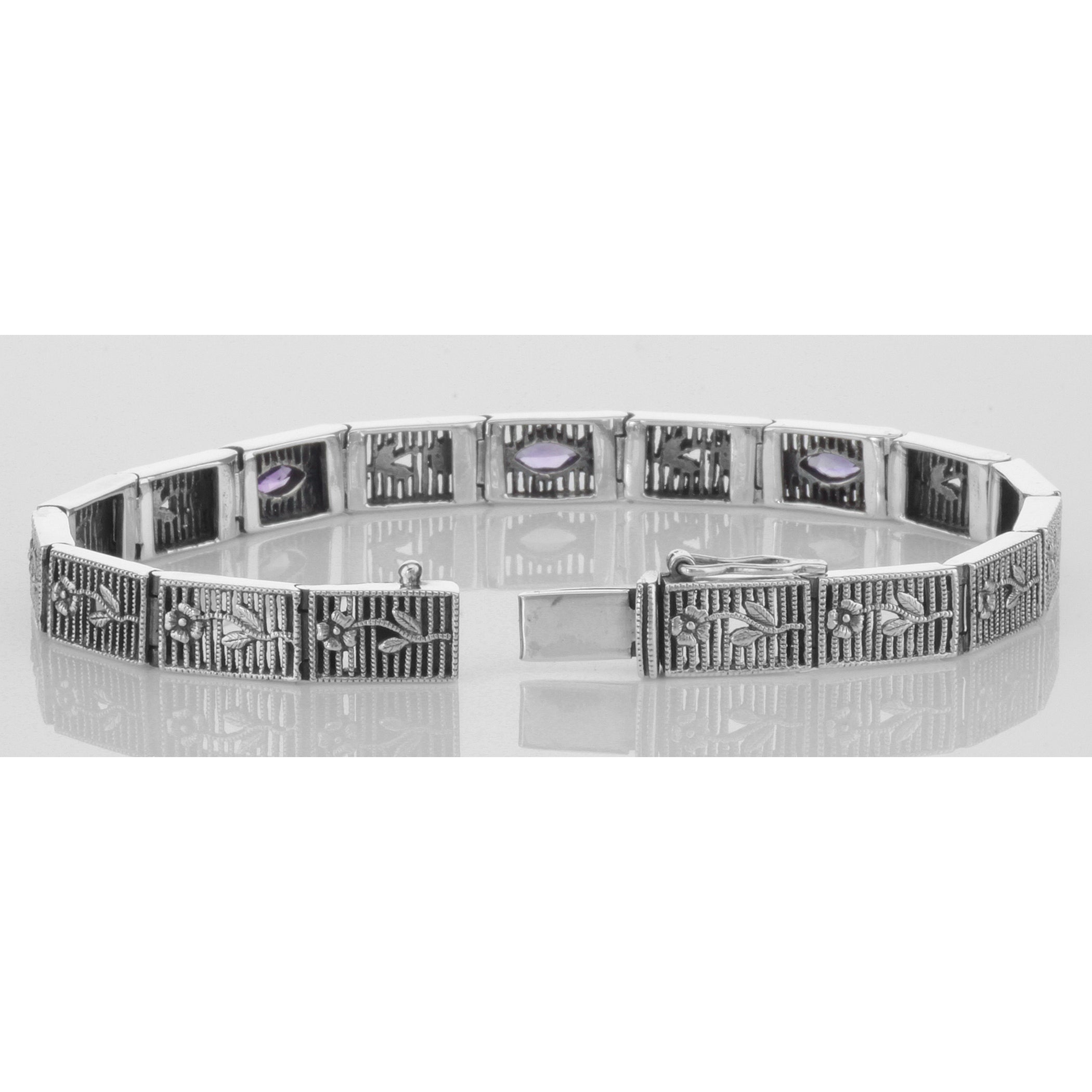 Back view of Victorian Style Floral Design Amethyst Filigree Link Bracelet Sterling Silver showing 925 sterling silver hallma