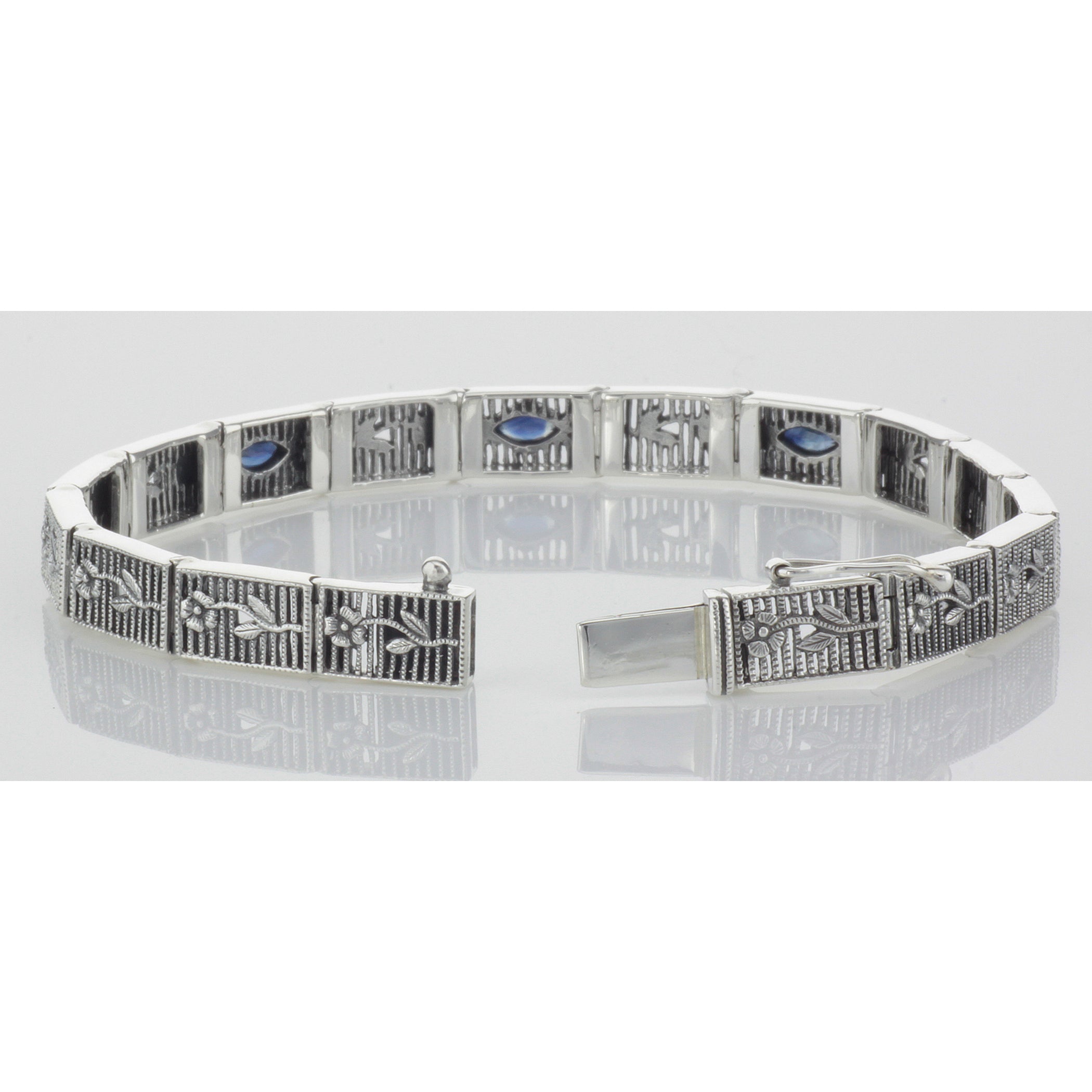 Back view of Victorian Style Floral Blue Sapphire Filigree Link Bracelet Sterling Silver showing 925 sterling silver hallmark