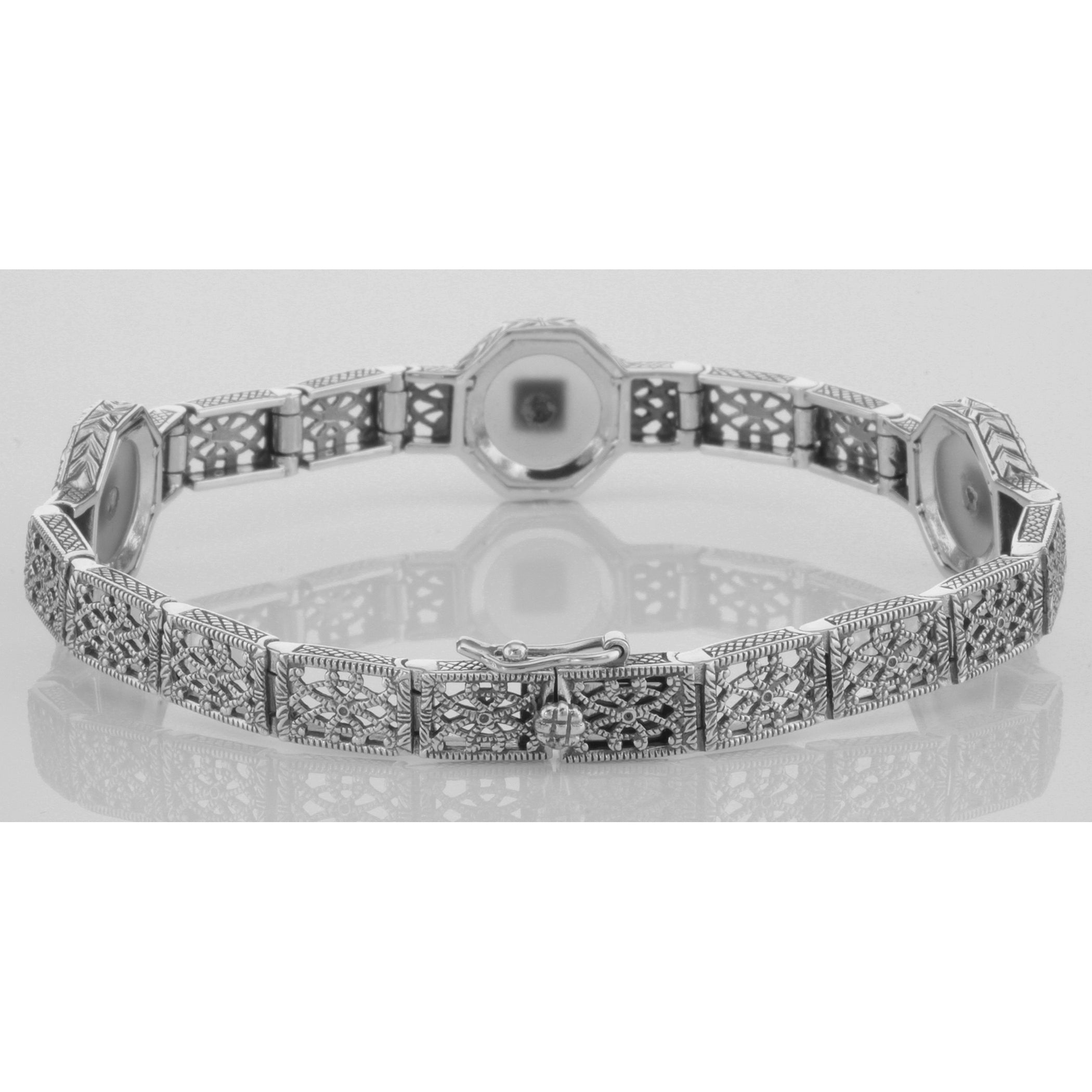 Detail view of Art Deco Style Camphor Glass Crystal / CZ Filigree Bracelet highlighting CZ, Crystal