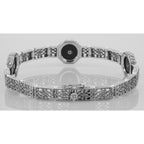 Detail view of Art Deco Style Black Onyx and White Topaz Filigree Link Bracelet Sterling highlighting White Topaz, Black Onyx