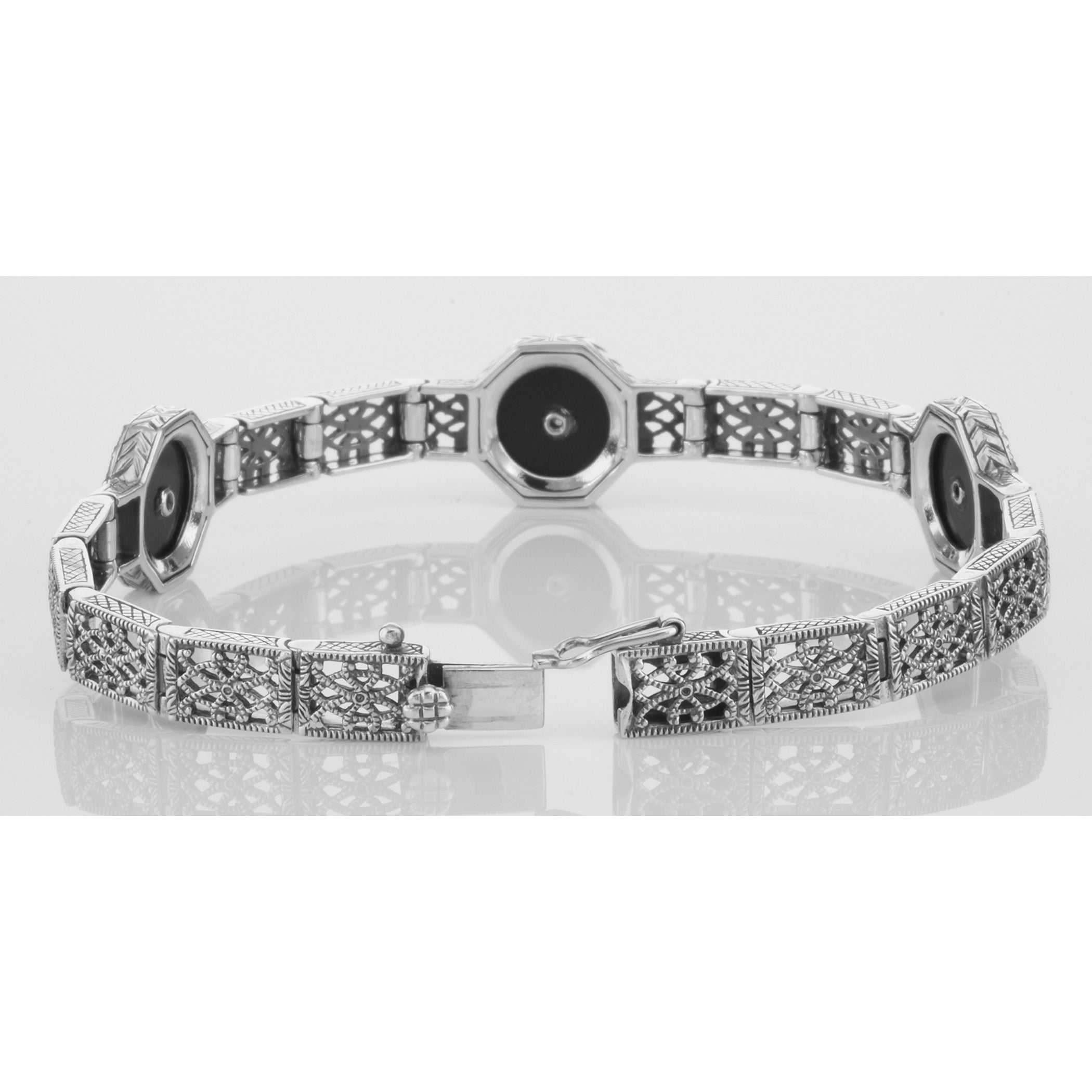 Back view of Art Deco Style Black Onyx and White Topaz Filigree Link Bracelet Sterling showing 925 sterling silver hallmark a