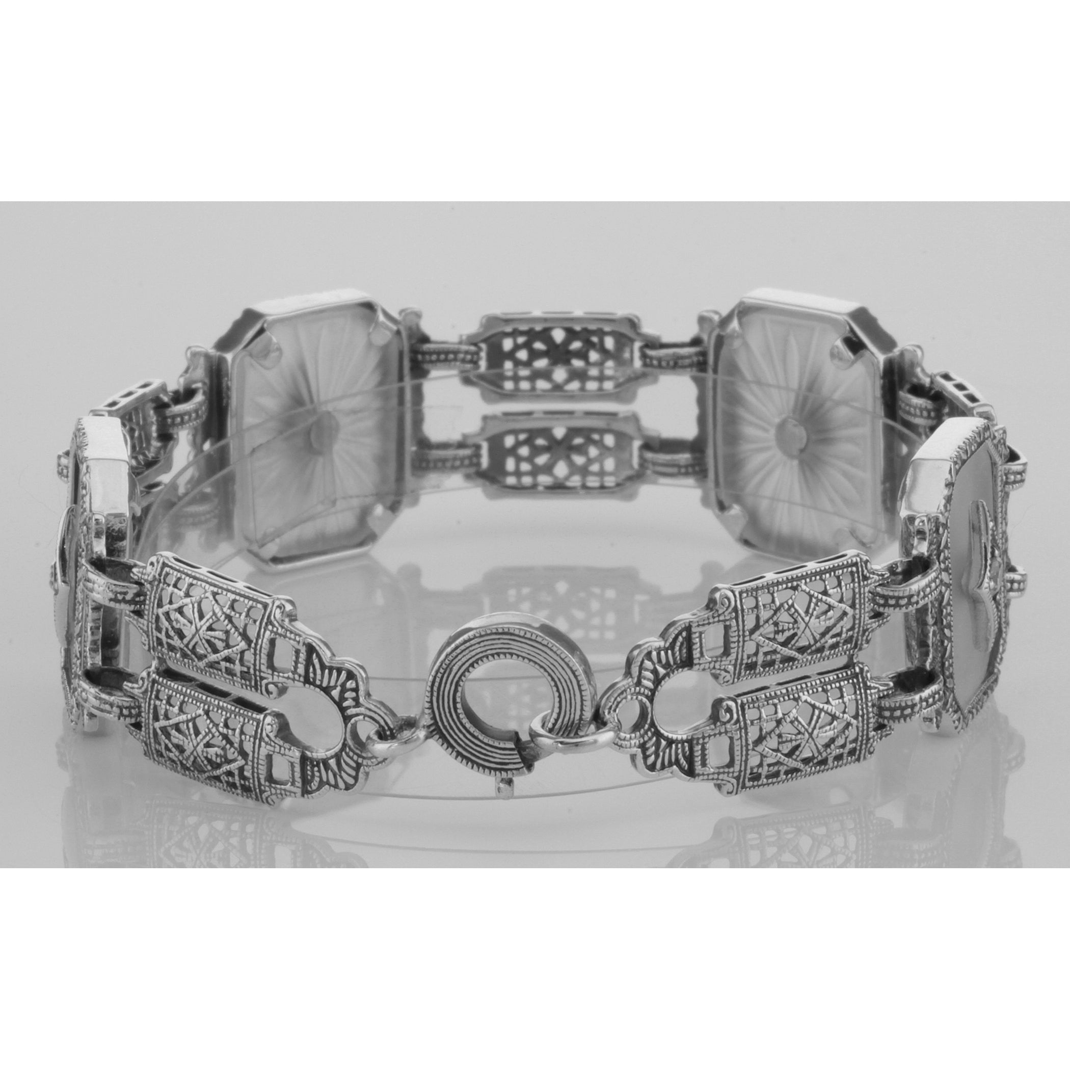 Back view of Art Deco Style Filigree Camphor Glass Starburst Crystal Bracelet Sterling Silver showing 925 sterling silver hal