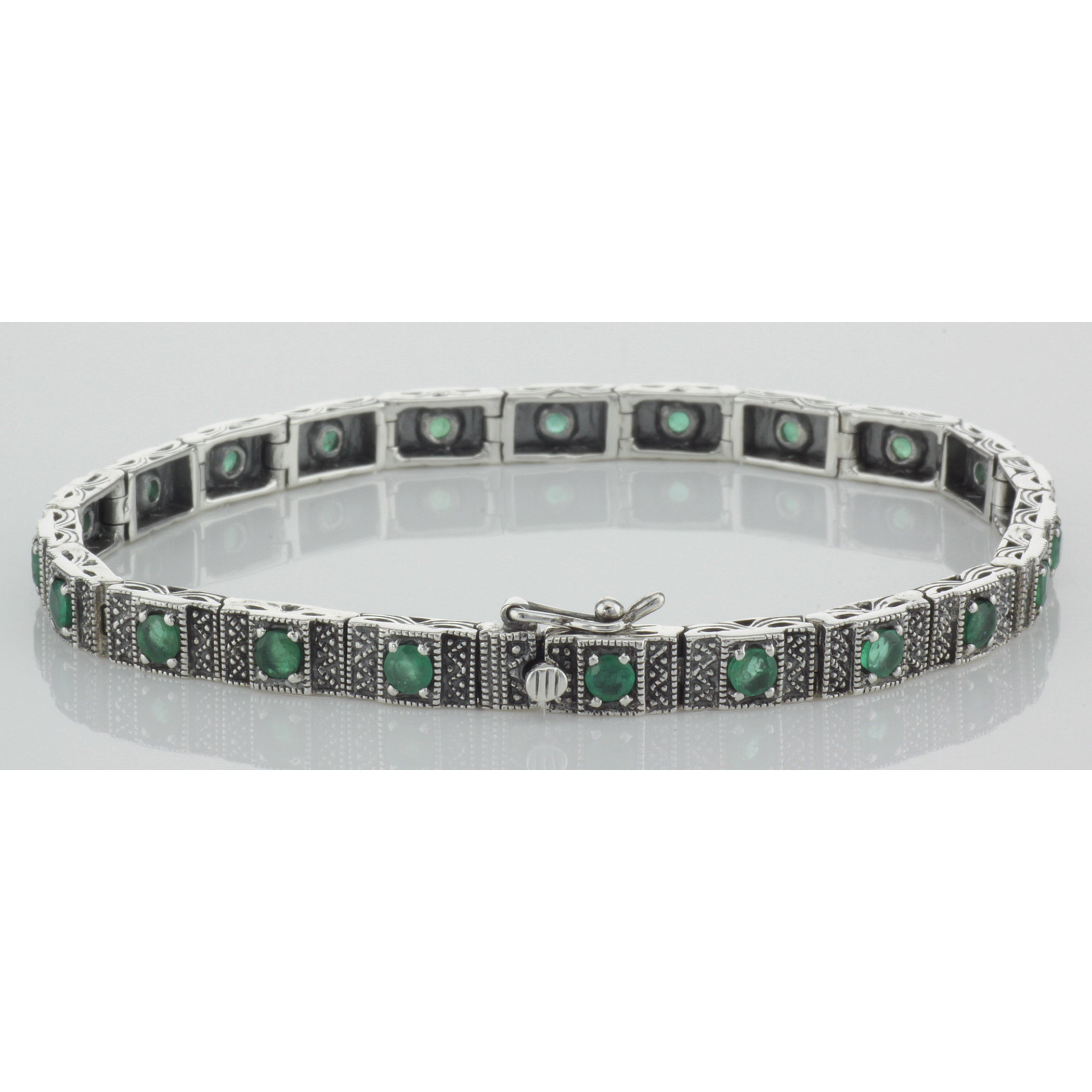 Back view of Beautiful Victorian Style Natural Emerald Filigree Link Bracelet Sterling Silver showing 925 sterling silver hal