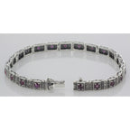 Back view of Beautiful Victorian Style Ruby Filigree Link Bracelet in fine Sterling Silver showing 925 sterling silver hallma