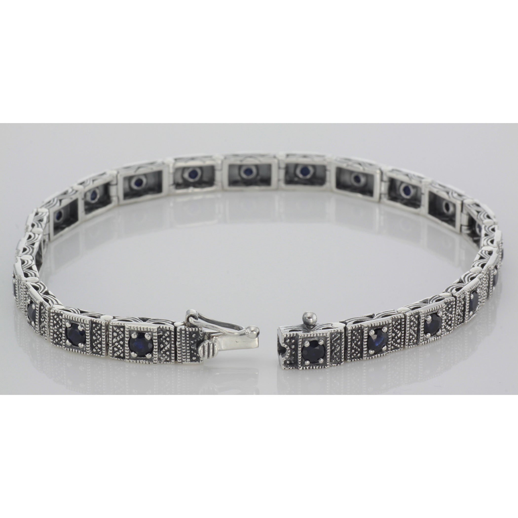 Back view of Victorian Style Sapphire Filigree Link Bracelet in fine Sterling Silver showing 925 sterling silver hallmark and