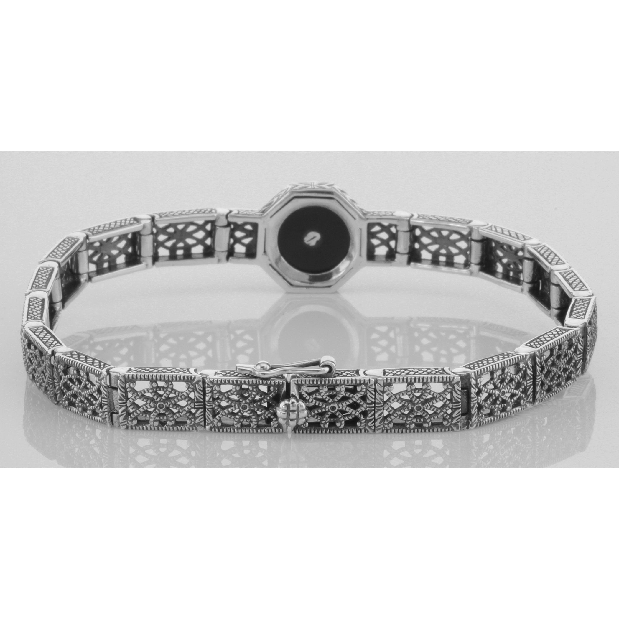 Detail view of Art Deco Style Black Onyx and White Topaz Filigree Link Bracelet Sterling Silver highlighting White Topaz, Bla