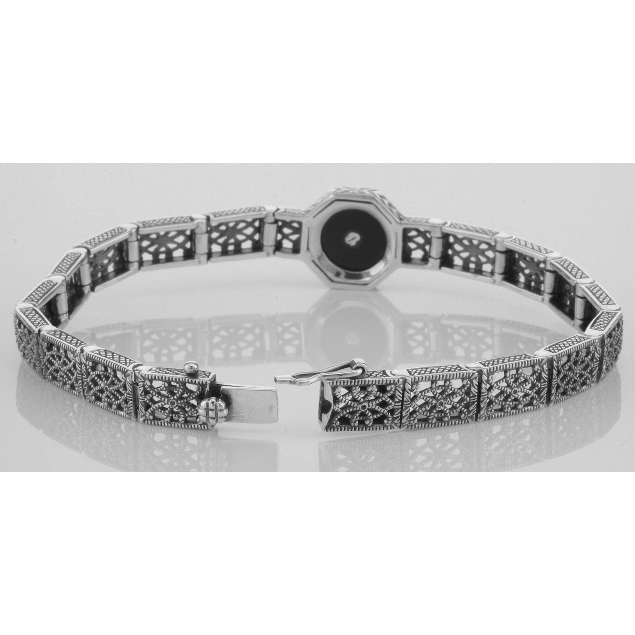 Back view of Art Deco Style Black Onyx and White Topaz Filigree Link Bracelet Sterling Silver showing 925 sterling silver hal