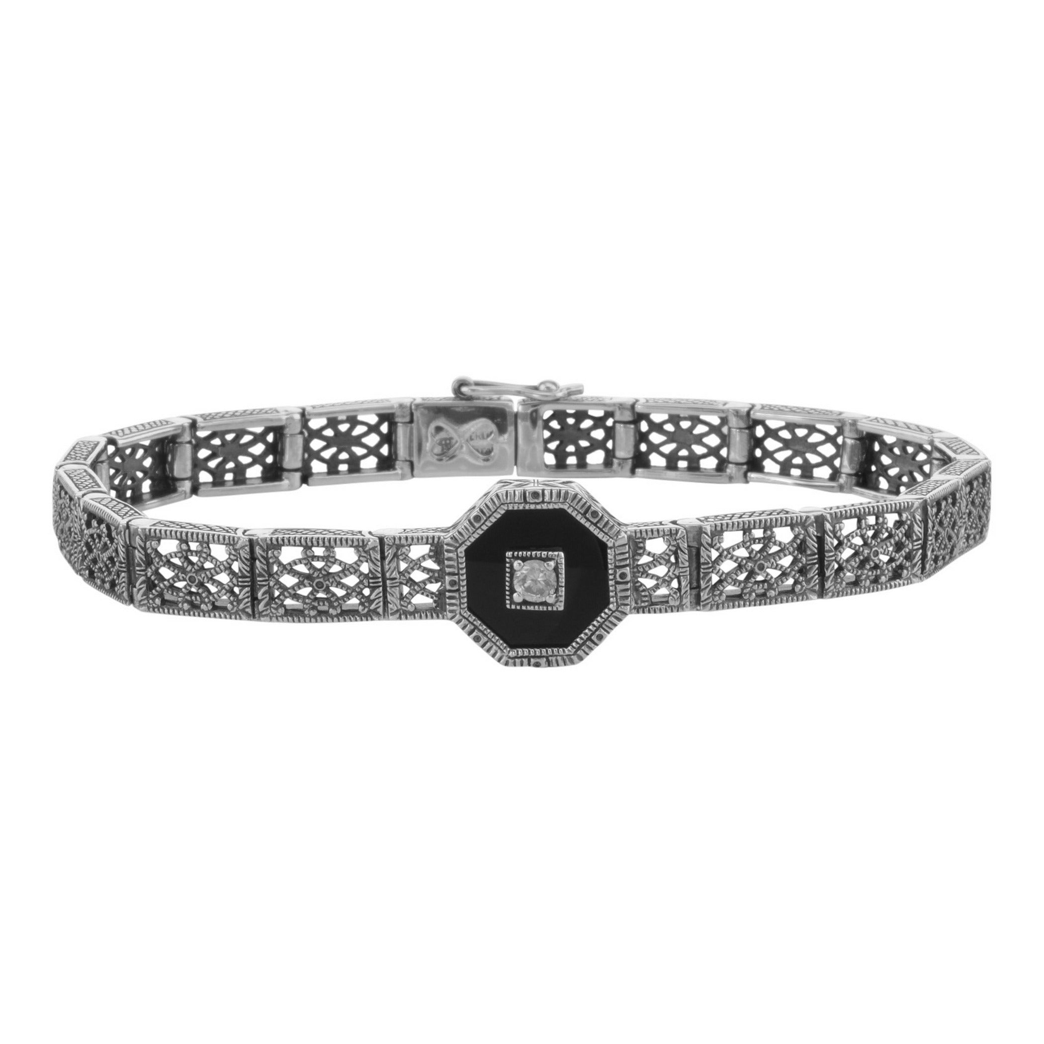 Art Deco style, White Topaz, Black Onyx, sterling silver bracelets, front view