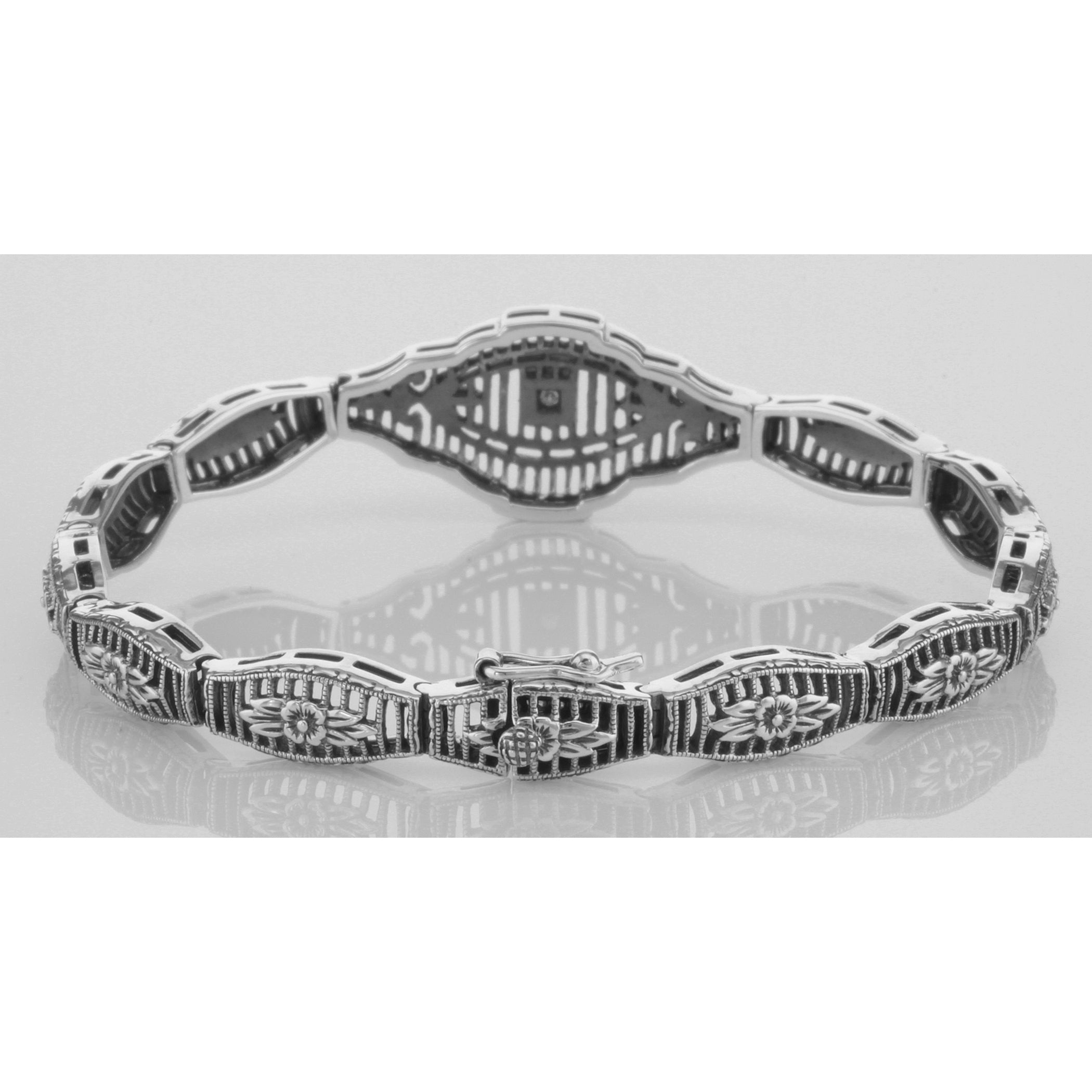 Detail view of Victorian Style Filigree Bracelet w/ Diamond in Fine Sterling Silver highlighting Diamond