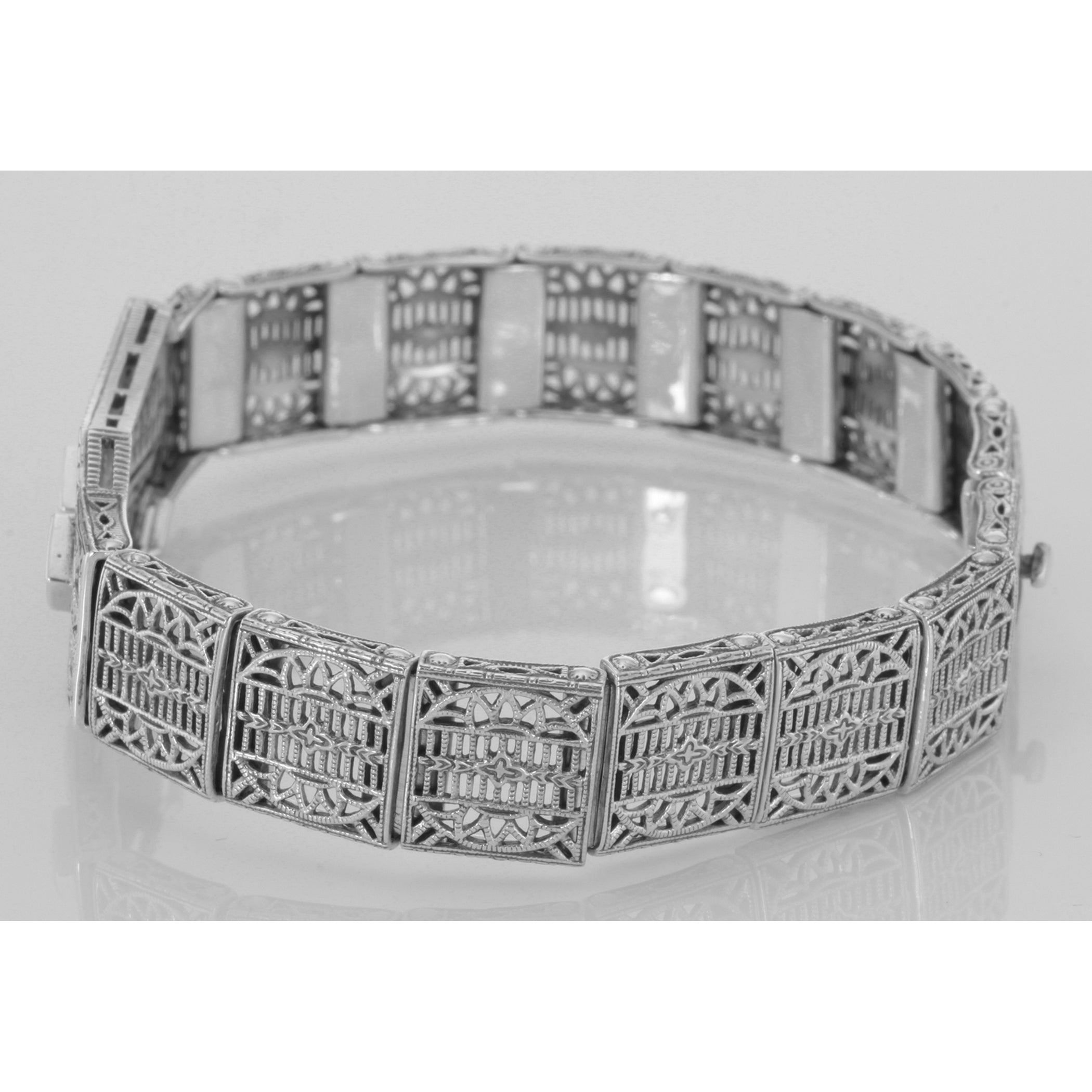 Detail view of Art Deco Style Filigree Bracelet 3 Natural Red Ruby Gemstones highlighting Ruby