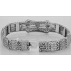 Back view of Art Deco Style Filigree Bracelet 3 Natural Red Ruby Gemstones showing 925 sterling silver hallmark and toggle or