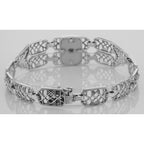 Detail view of Victorian Style Mother of Pearl Filigree Link Bracelet Sterling Silver highlighting Pearl, Mother of Pearl
