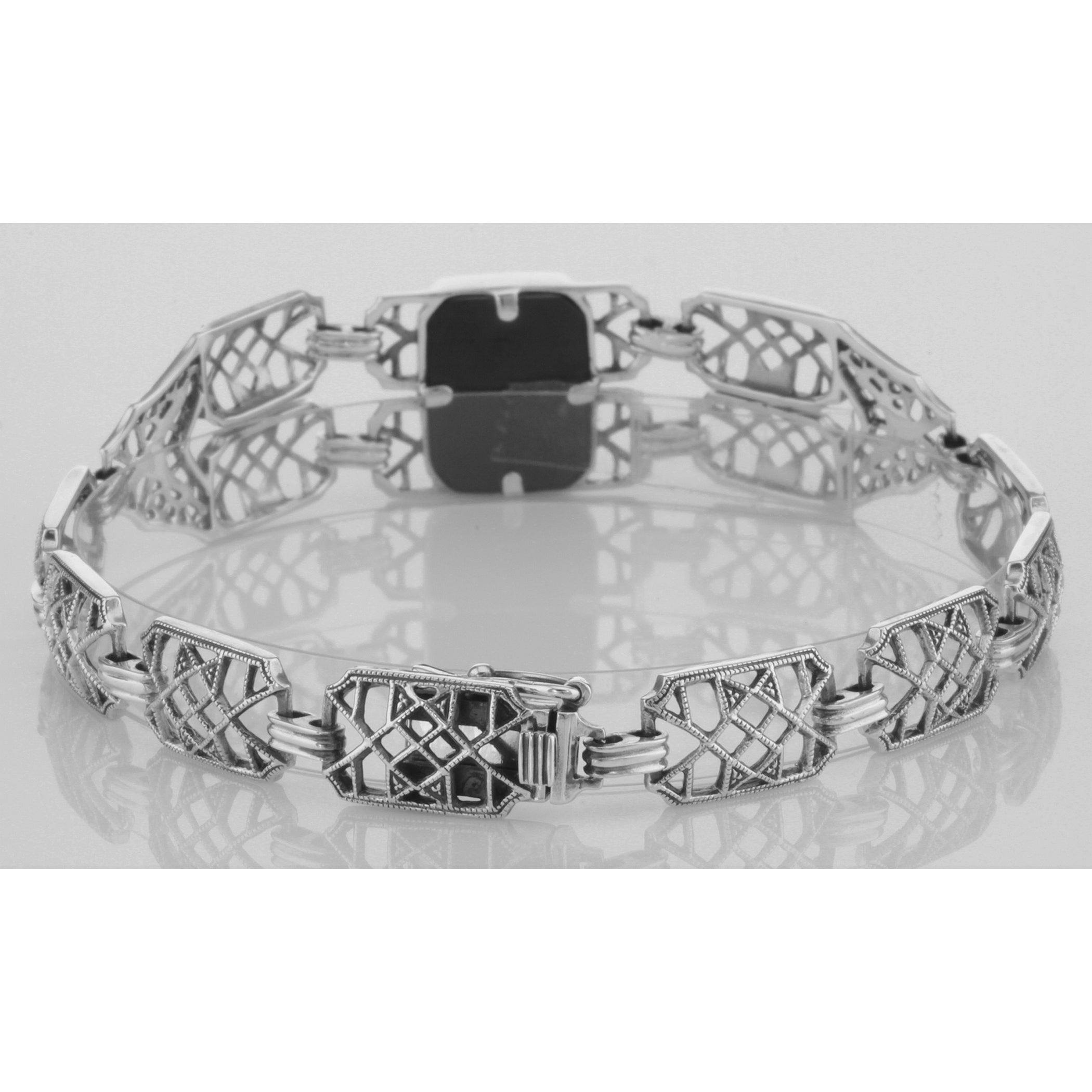 Detail view of Art Deco Style Black Onyx Link Bracelet highlighting Black Onyx, Onyx