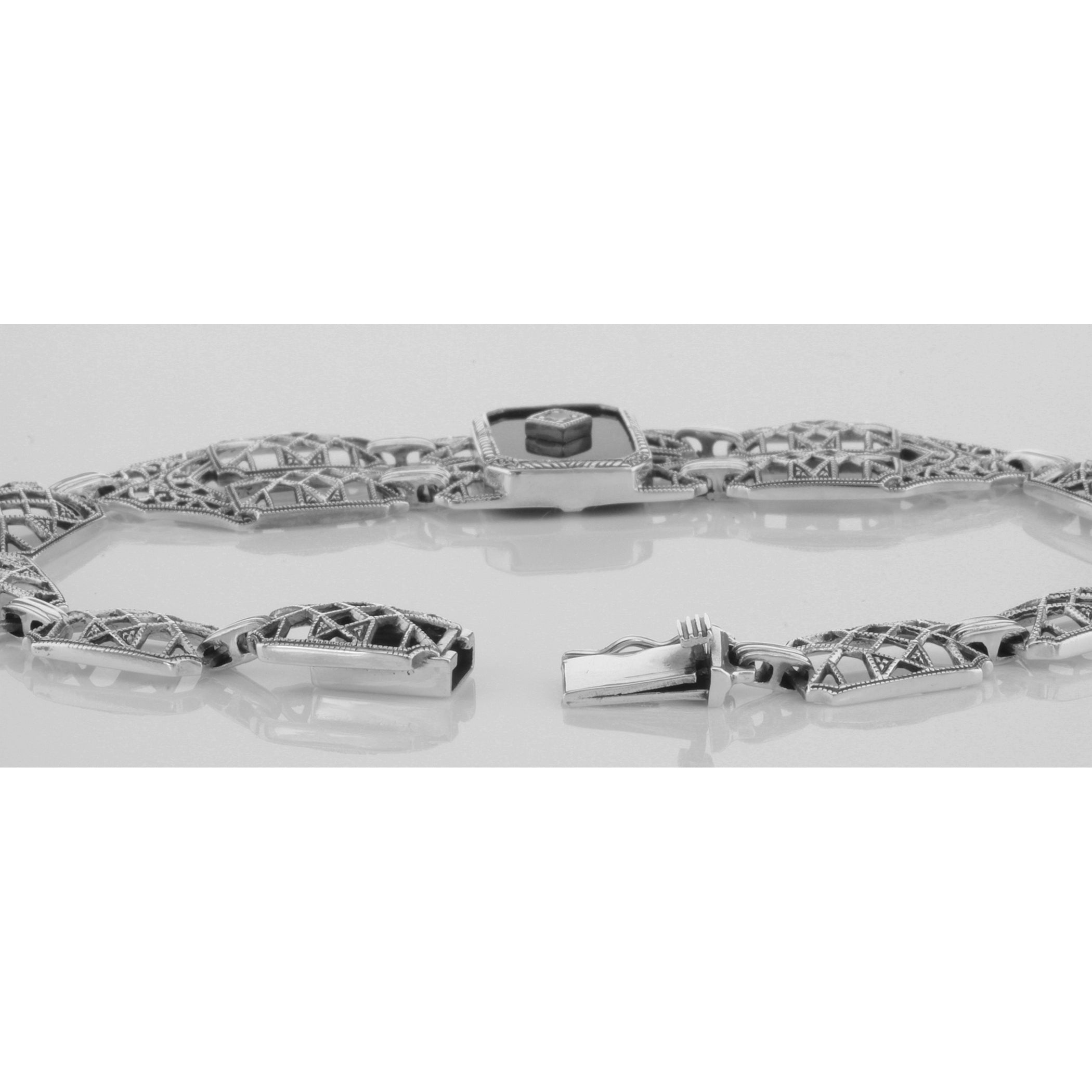 Back view of Art Deco Style Black Onyx Link Bracelet showing 925 sterling silver hallmark and toggle or lobster clasp