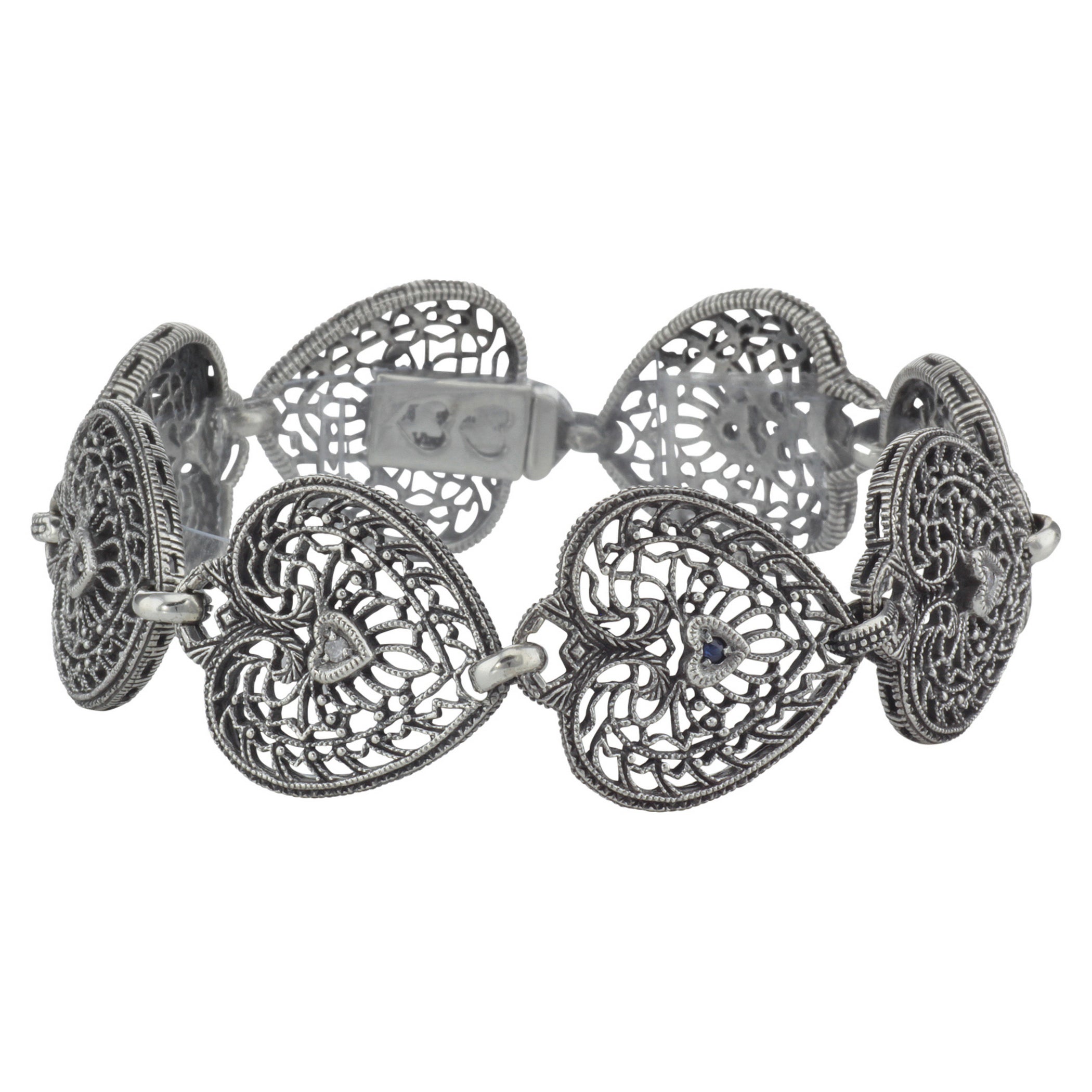 Victorian style, Sapphire, Diamond, sterling silver bracelets, front view