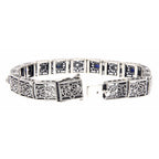 Detail view of Art Deco Style Blue Sapphire White Topaz Filigree Bracelet Sterling Silver highlighting White Topaz, Sapphire