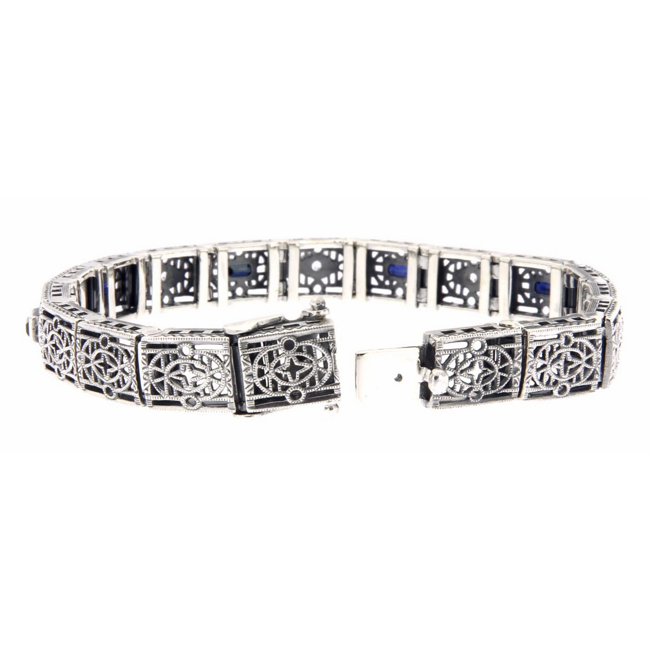 Detail view of Art Deco Style Blue Sapphire White Topaz Filigree Bracelet Sterling Silver highlighting White Topaz, Sapphire