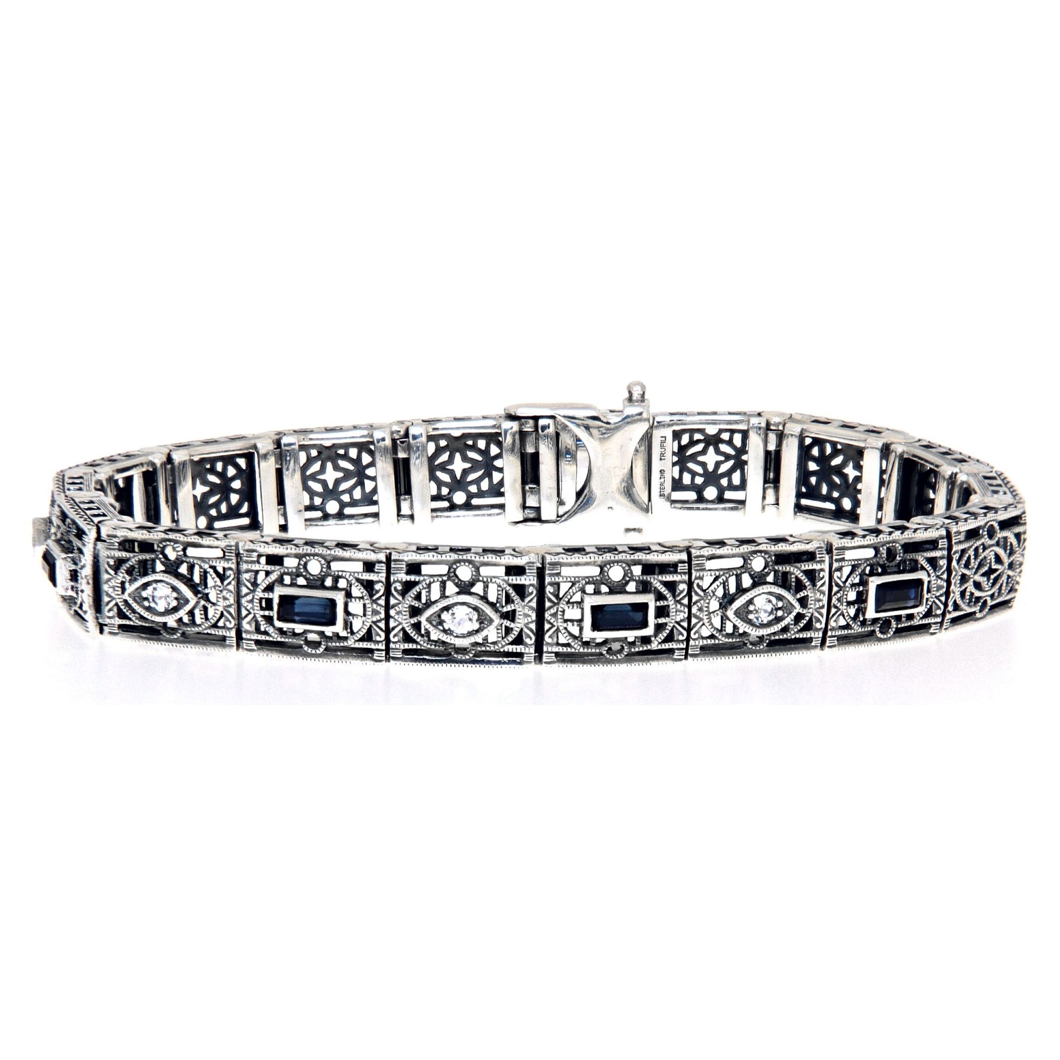 Art Deco style, White Topaz, Sapphire, sterling silver bracelets, front view