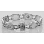 Detail view of Victorian Style Camphor Glass Filigree Bracelet with Diamonds Sterling Silver highlighting Diamond, Camphor Gl