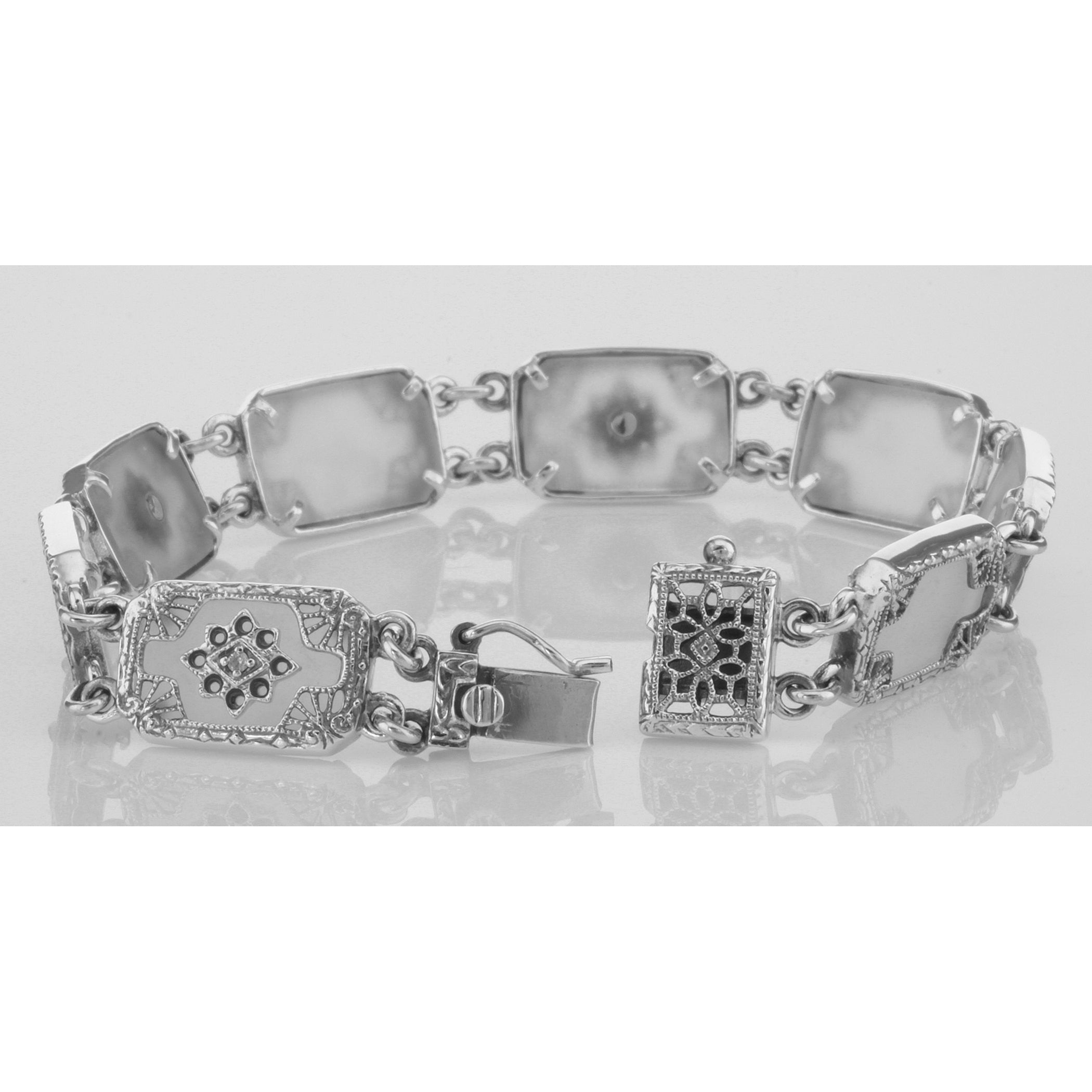 Back view of Victorian Style Camphor Glass Filigree Bracelet with Diamonds Sterling Silver showing 925 sterling silver hallma