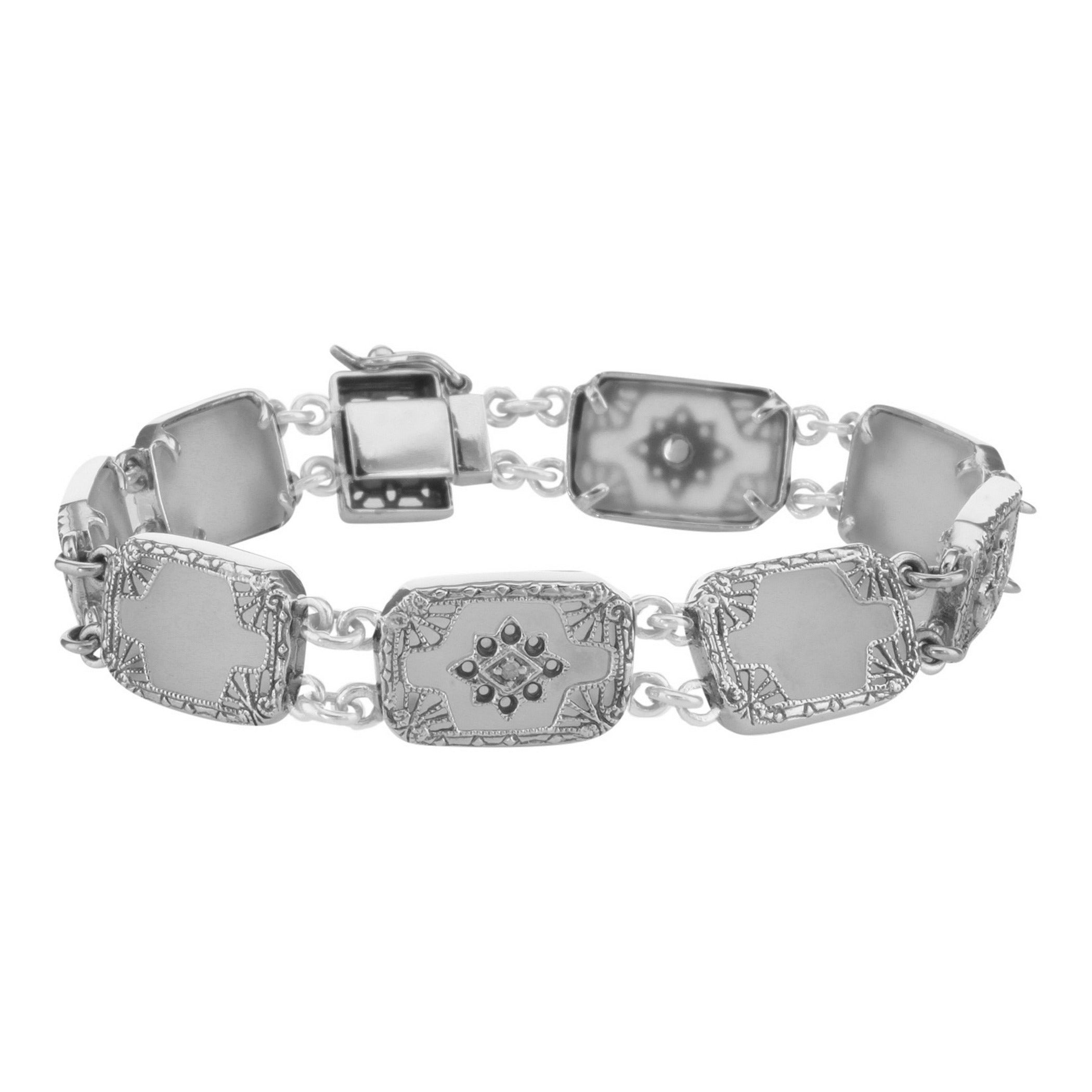 Victorian style, Diamond, Camphor Glass, sterling silver bracelets, front view
