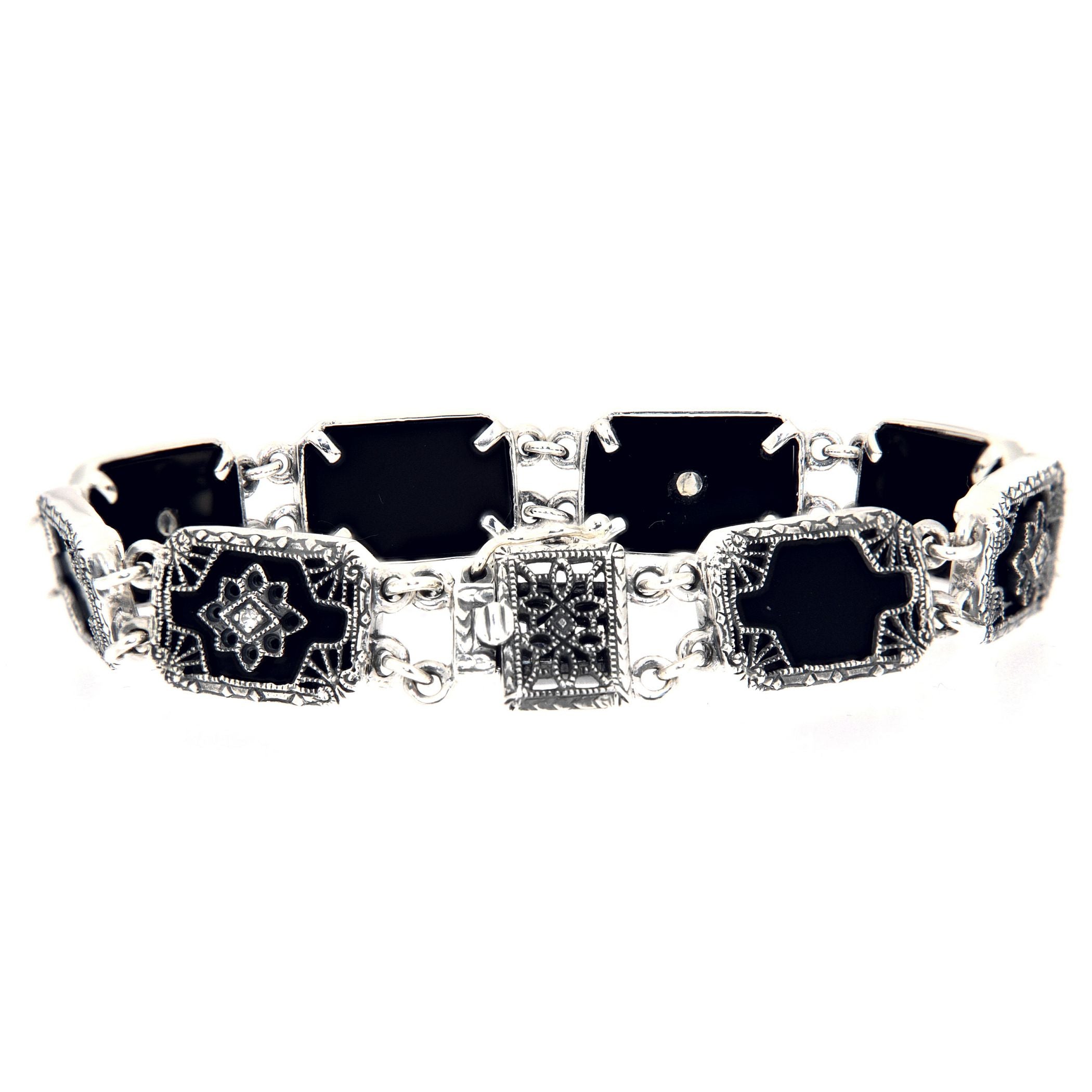 Back view of Victorian Style Onyx Diamond Filigree Bracelet Sterling Silver showing 925 sterling silver hallmark and toggle o