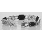 Back view of Victorian Style Camphor Glass Onyx Diamond Filigree Bracelet Sterling Silver showing 925 sterling silver hallmar
