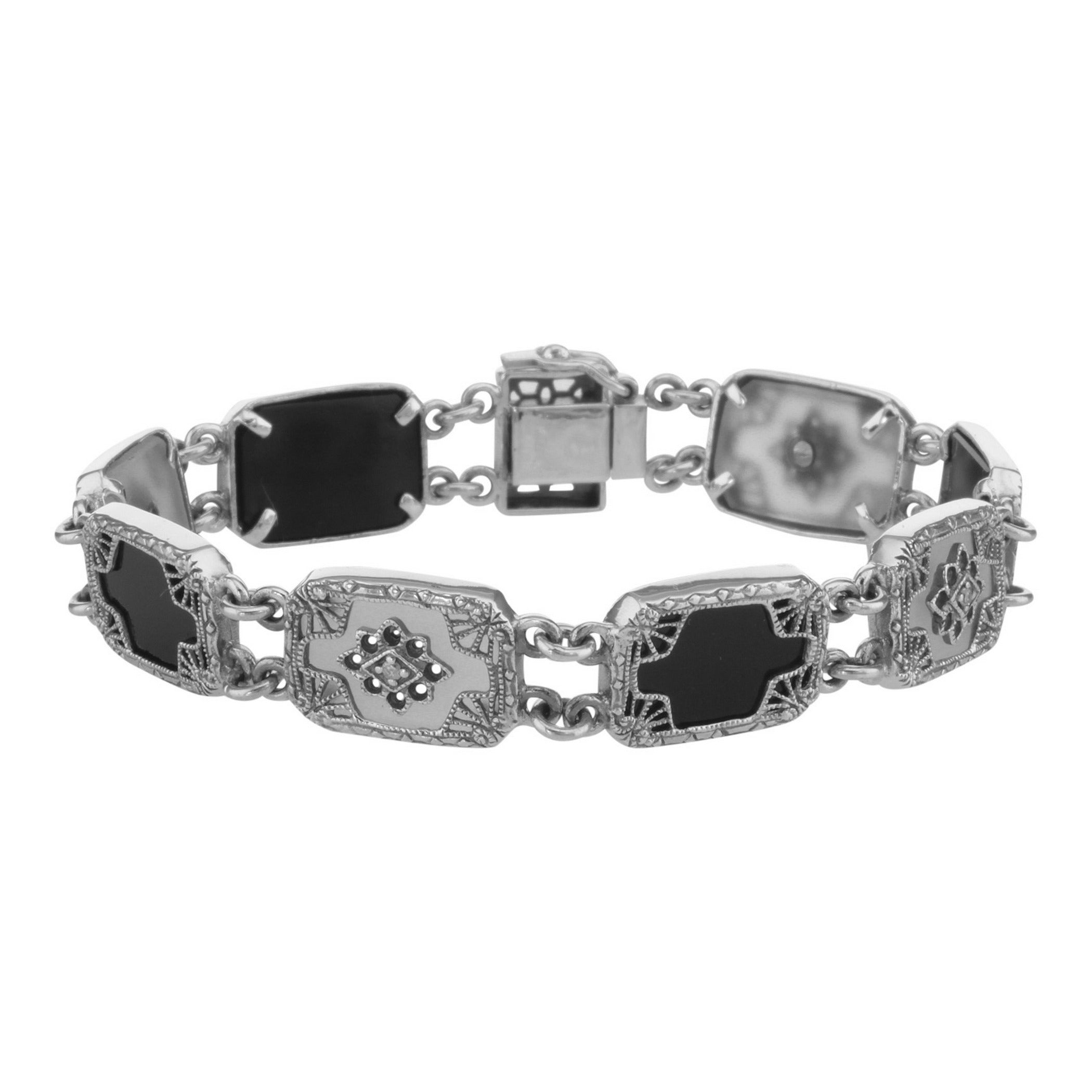 Victorian style, Diamond, Onyx, sterling silver bracelets, front view