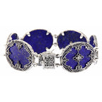 Back view of Victorian Style Blue Lapis Lazuli Diamond Filigree Bracelet showing 925 sterling silver hallmark and toggle or l