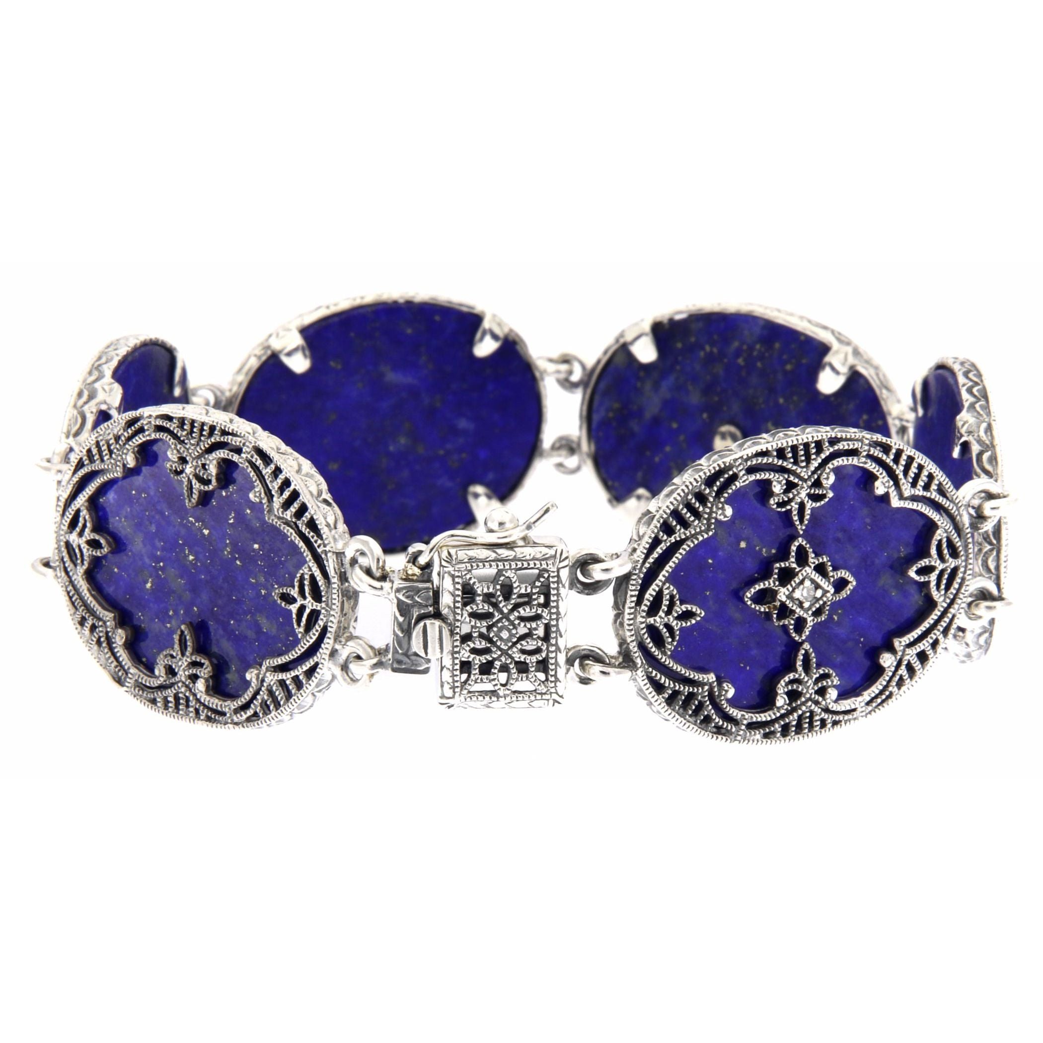 Back view of Victorian Style Blue Lapis Lazuli Diamond Filigree Bracelet showing 925 sterling silver hallmark and toggle or l