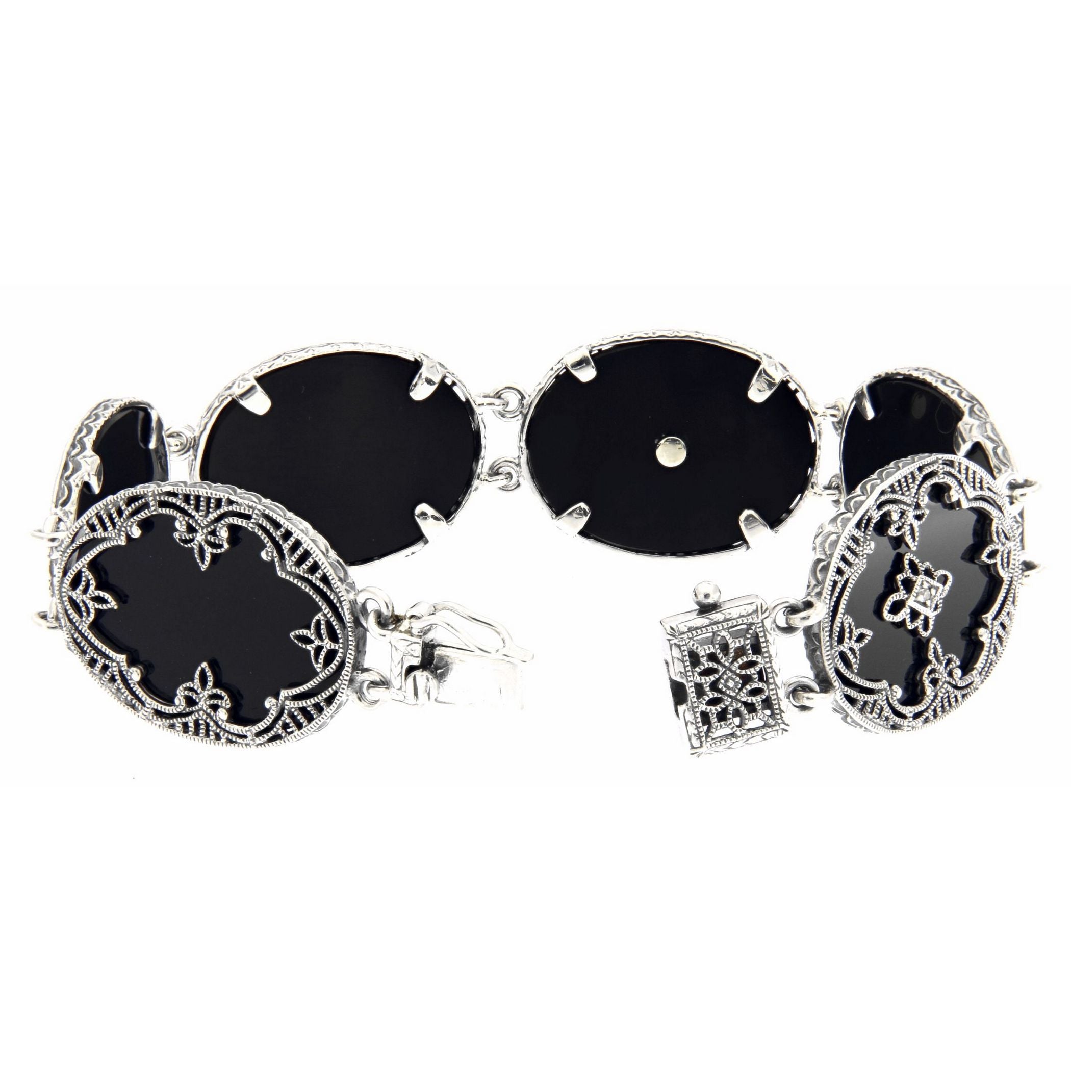 Back view of Victorian Style Black Onyx Diamond Filigree Bracelet showing 925 sterling silver hallmark and toggle or lobster 