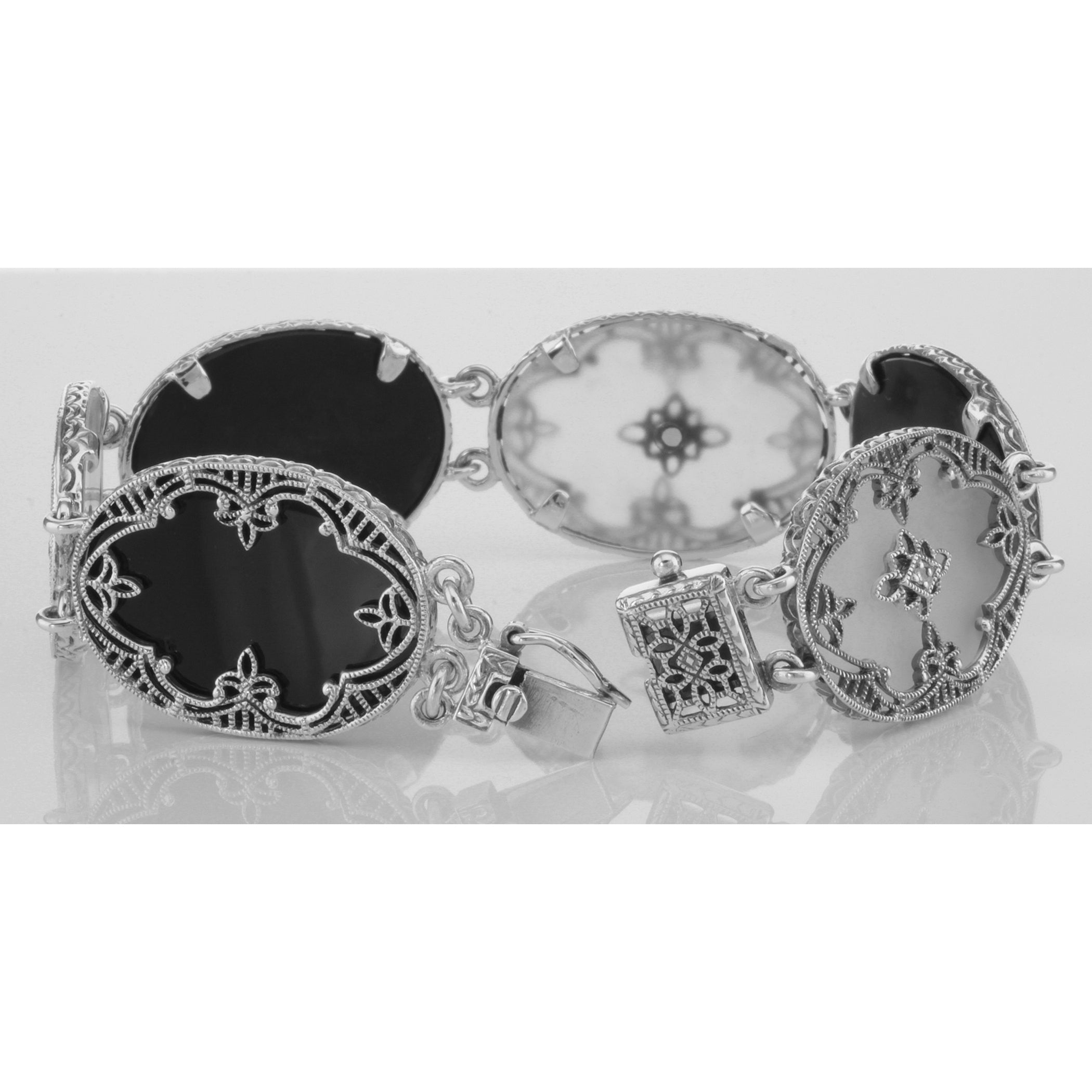 Back view of Victorian Style Onyx Camphor Glass Diamond Filigree Bracelet showing 925 sterling silver hallmark and toggle or 