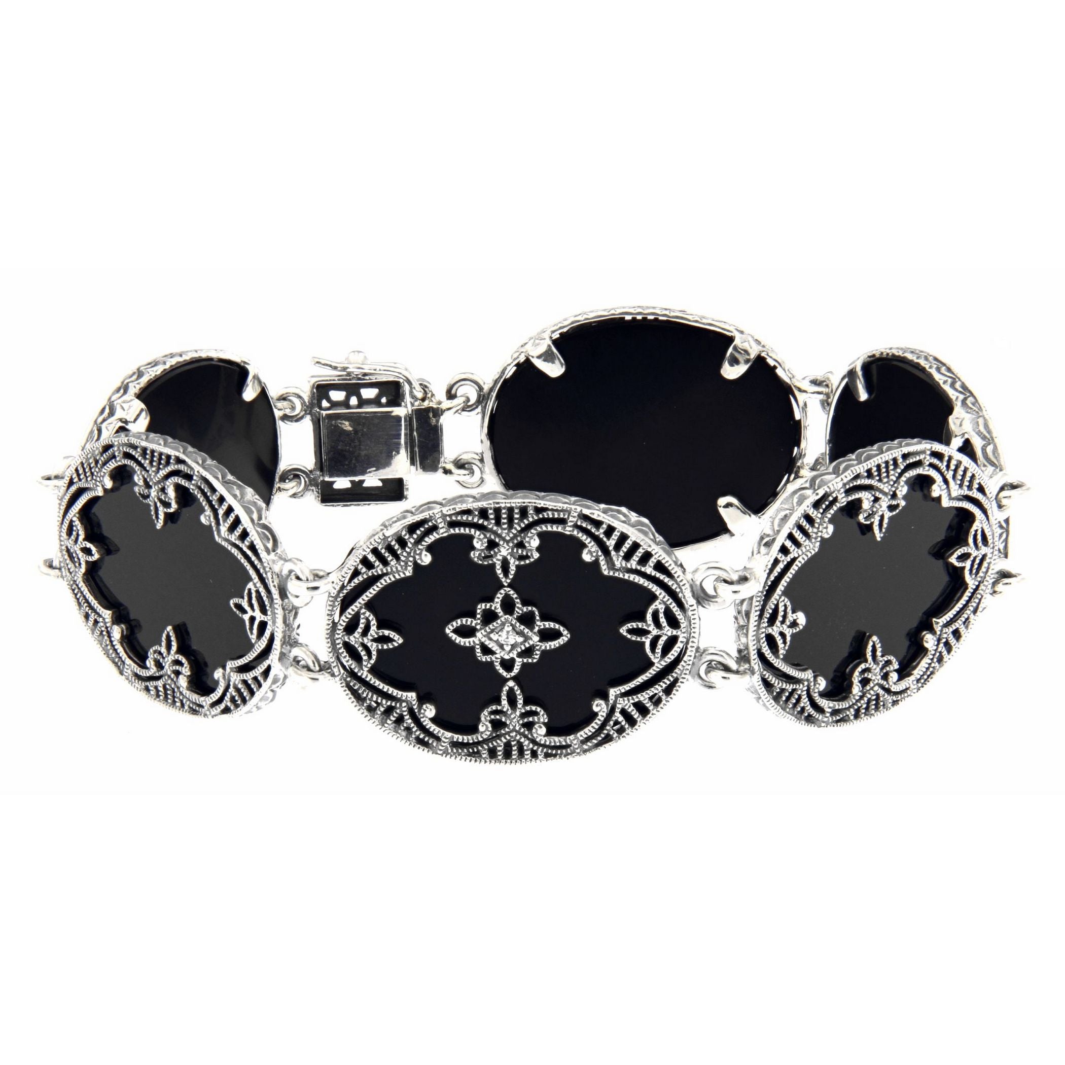 Victorian style, Diamond, Black Onyx, sterling silver bracelets, front view