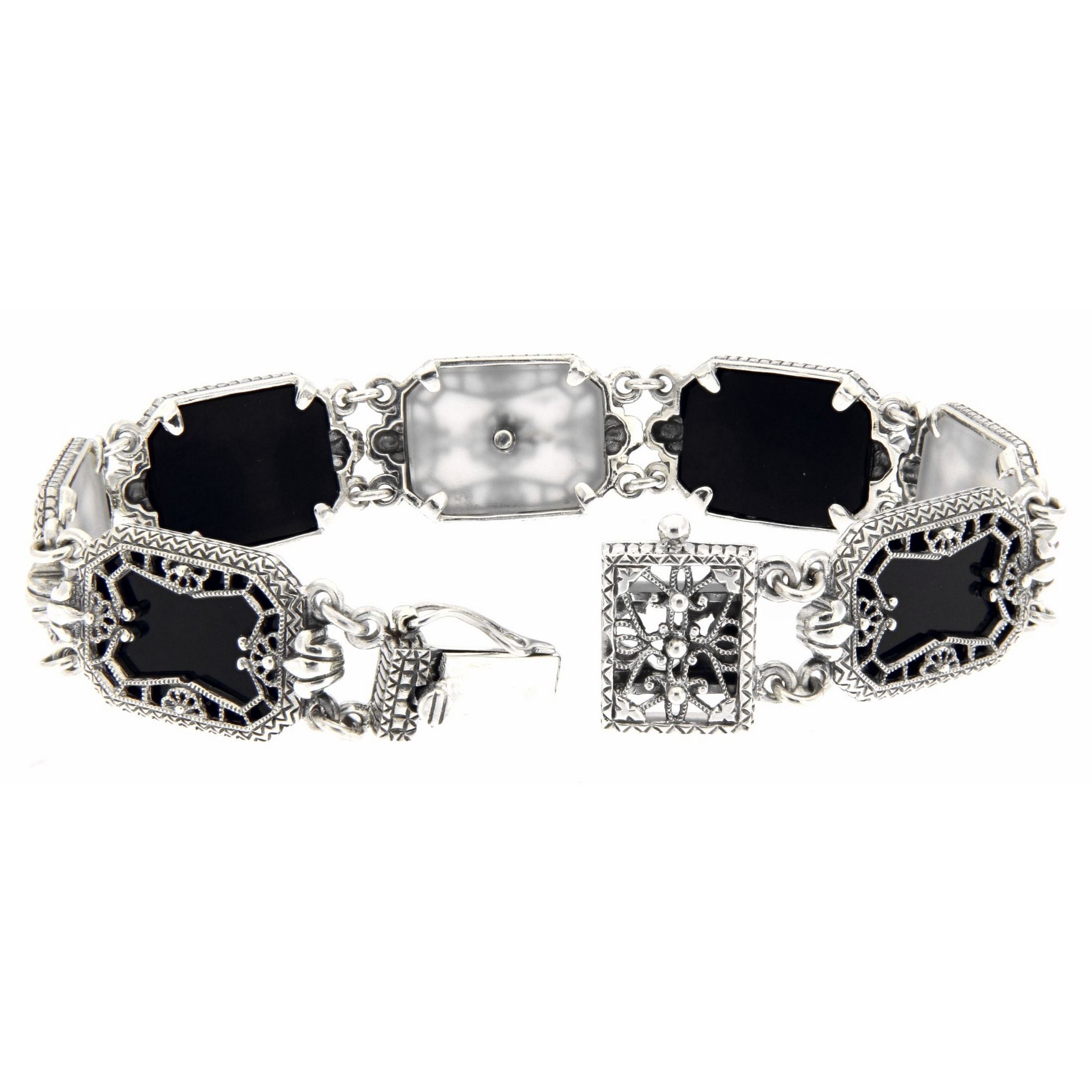 Back view of Filigree Bracelet Black Onyx and Frosted Camphor Glass Diamond Sterling Silver showing 925 sterling silver hallm